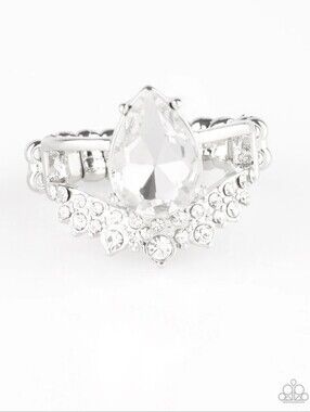 If The Crown Fits - White Ring - paparazzi Silver Clear Teardrop Cluster